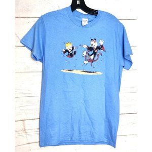 Gildan Calvin & Hobbs Blue Graphic Small Crew Neck Baby Blue Shirt - 100% Cotton